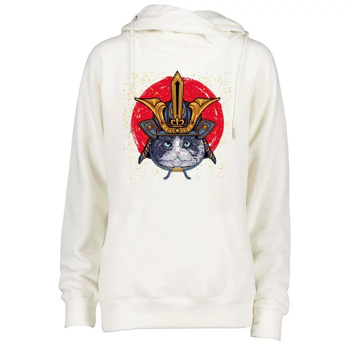 Japanese Samurai Cat Vintage Womens Funnel Neck Pullover Hood