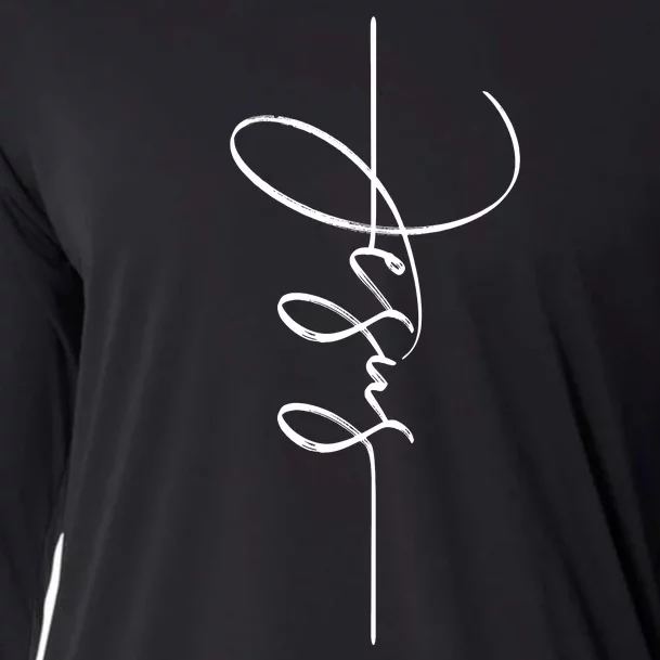 Jesus Signature Cross Script Christ Easter Cooling Performance Long Sleeve Crew