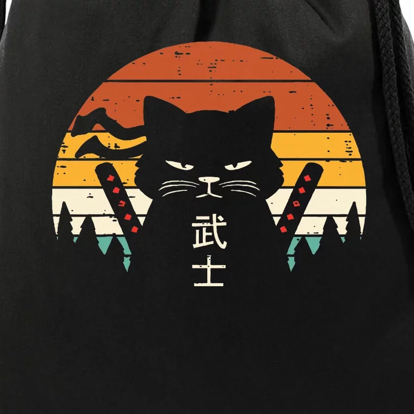 Japanese Samurai Cat Warrior Retro Ninja Drawstring Bag