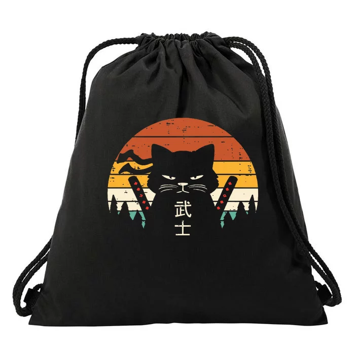 Japanese Samurai Cat Warrior Retro Ninja Drawstring Bag