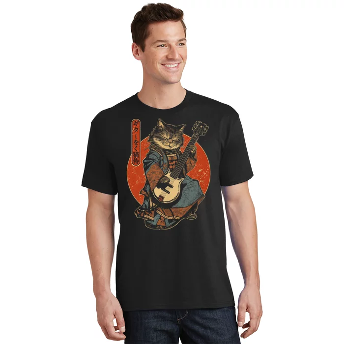 Japanese Samurai Cat Playing The Electric Guitar T-Shirt