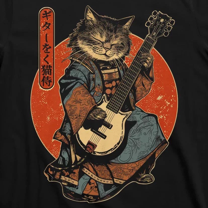 Japanese Samurai Cat Playing The Electric Guitar T-Shirt