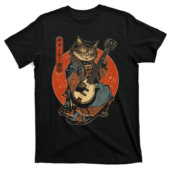 Japanese Samurai Cat Playing The Electric Guitar T-Shirt