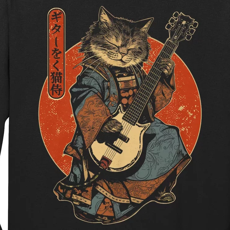 Japanese Samurai Cat Playing The Electric Guitar Tall Long Sleeve T-Shirt