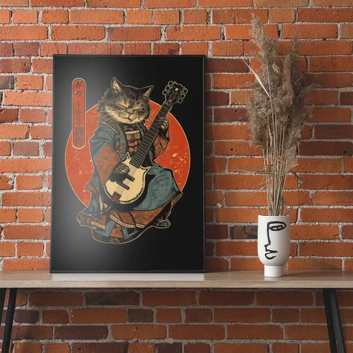 Japanese Samurai Cat Playing The Electric Guitar Poster