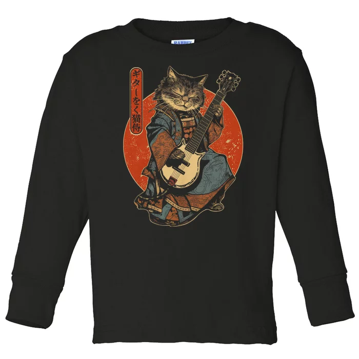 Japanese Samurai Cat Playing The Electric Guitar Toddler Long Sleeve Shirt