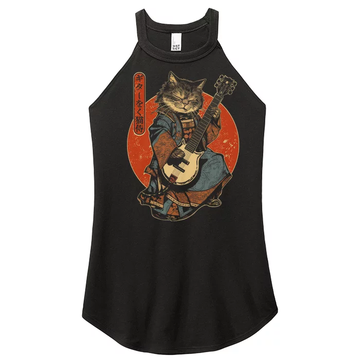 Japanese Samurai Cat Playing The Electric Guitar Women’s Perfect Tri Rocker Tank