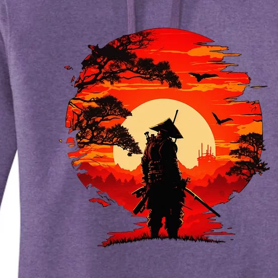 Japanese Samurai Fighter Martial Arts Retro Sunset Women's Pullover Hoodie