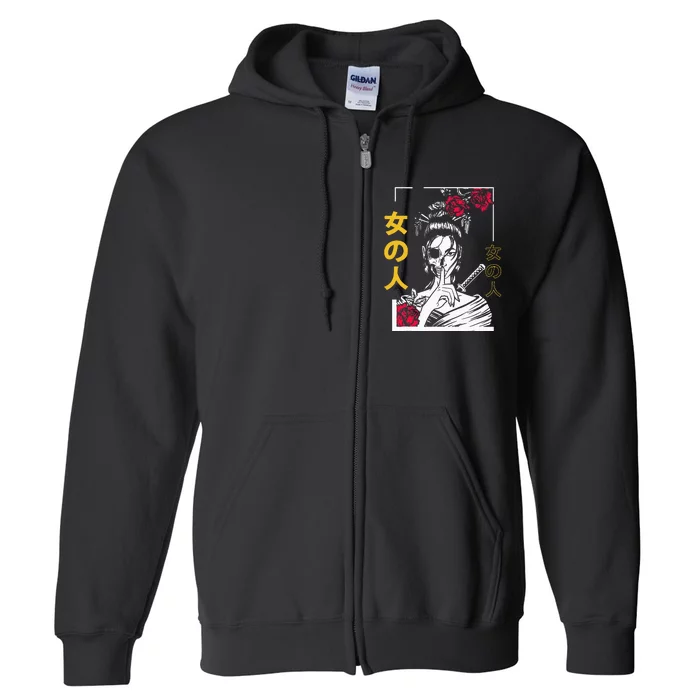 Japanese Samurai Floral Warrior Geisha Woman Full Zip Hoodie