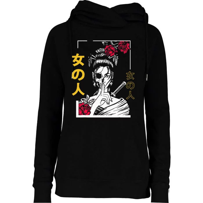 Japanese Samurai Floral Warrior Geisha Woman Tokyo Anime Womens Funnel Neck Pullover Hood