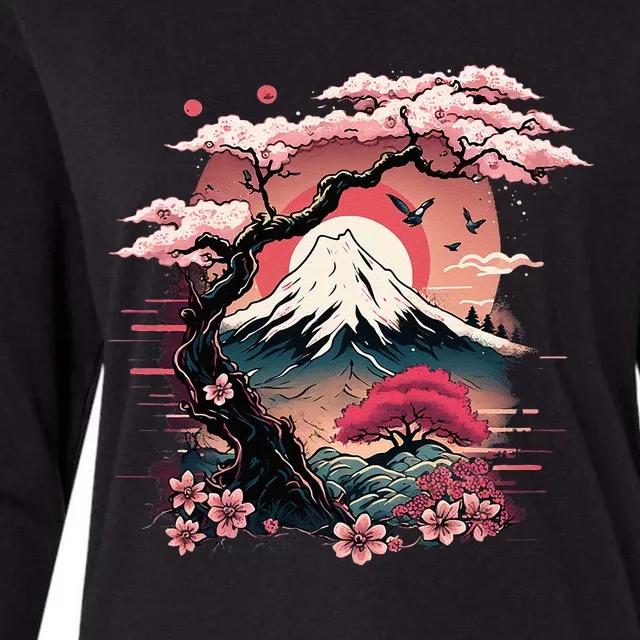 Japanese Sakura Garden Geisha Mount Fuji Cherry Blossom Womens Cotton Relaxed Long Sleeve T-Shirt