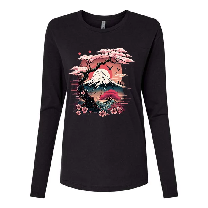 Japanese Sakura Garden Geisha Mount Fuji Cherry Blossom Womens Cotton Relaxed Long Sleeve T-Shirt