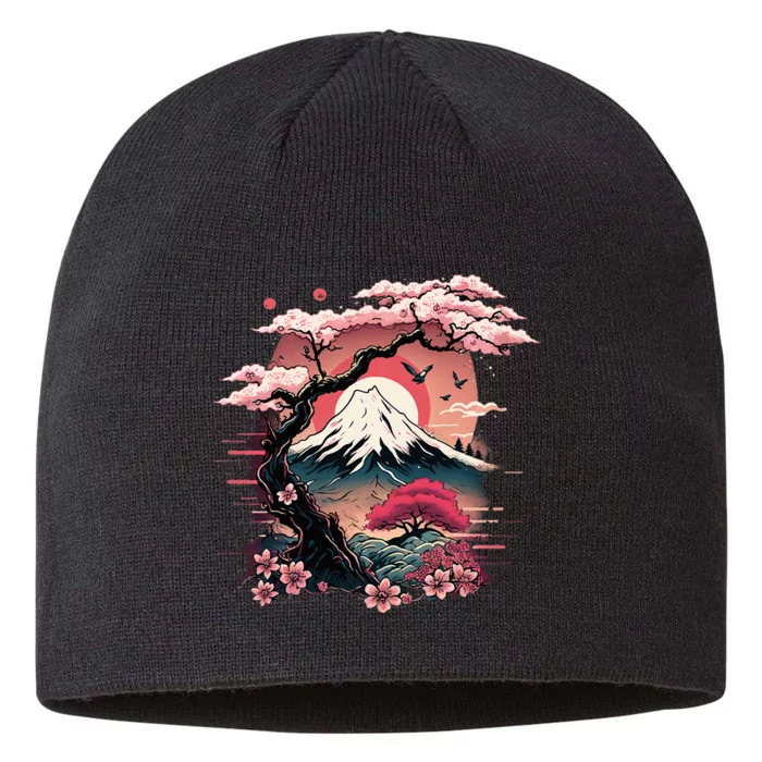 Japanese Sakura Garden Geisha Mount Fuji Cherry Blossom 8 1/2in Sustainable Knit Beanie