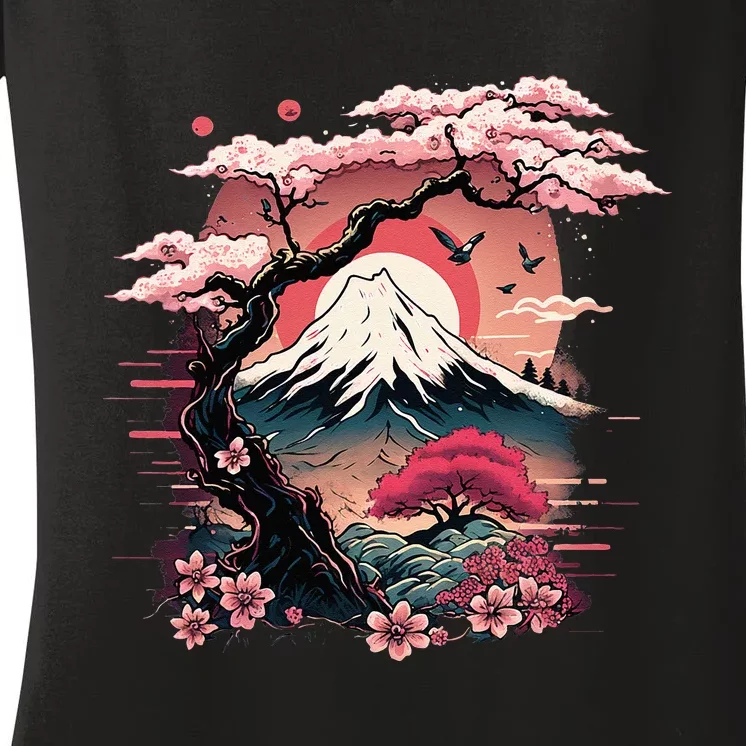 Japanese Sakura Garden Geisha Mount Fuji Cherry Blossom Women's V-Neck T-Shirt