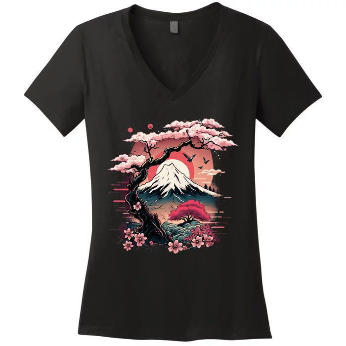 Japanese Sakura Garden Geisha Mount Fuji Cherry Blossom Women's V-Neck T-Shirt