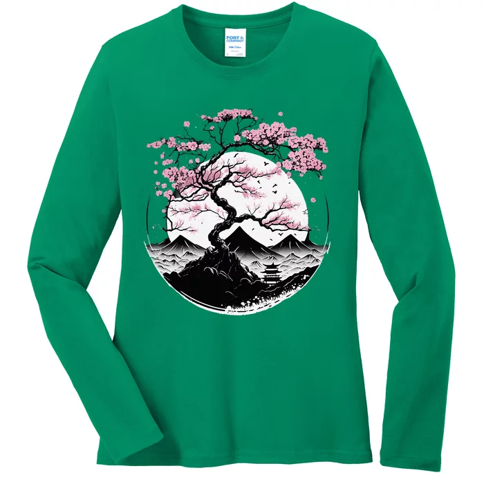 Japanese Sakura Garden Geisha Mount Fuji Cherry Blossom Ladies Long Sleeve Shirt