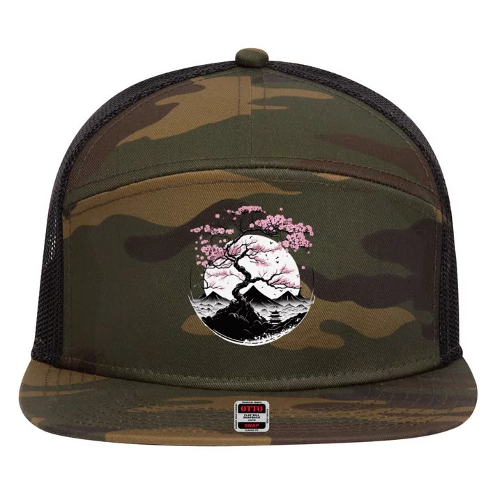 Japanese Sakura Garden Geisha Mount Fuji Cherry Blossom 7 Panel Mesh Trucker Snapback Hat