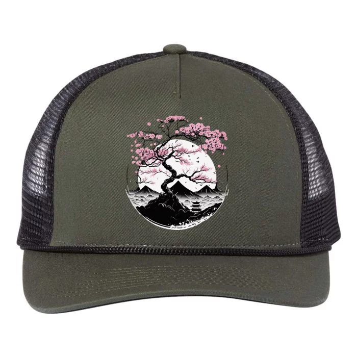 Japanese Sakura Garden Geisha Mount Fuji Cherry Blossom Retro Rope Trucker Hat Cap