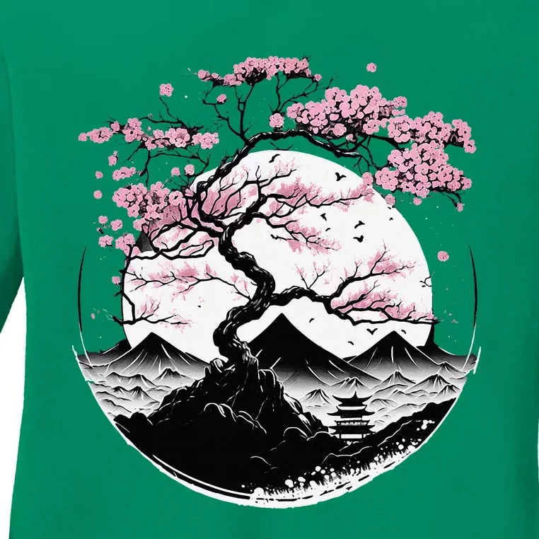 Japanese Sakura Garden Geisha Mount Fuji Cherry Blossom Ladies Long Sleeve Shirt