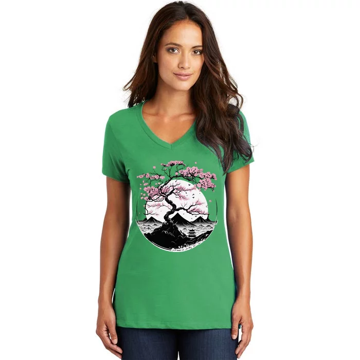 Japanese Sakura Garden Geisha Mount Fuji Cherry Blossom Women's V-Neck T-Shirt