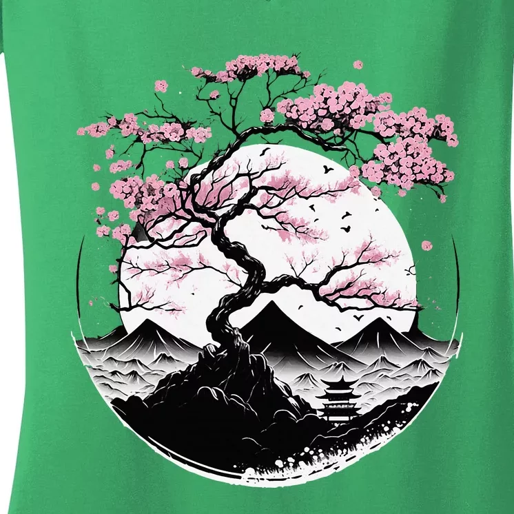 Japanese Sakura Garden Geisha Mount Fuji Cherry Blossom Women's V-Neck T-Shirt