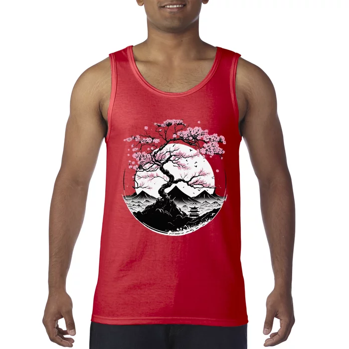 Japanese Sakura Garden Geisha Mount Fuji Cherry Blossom Tank Top