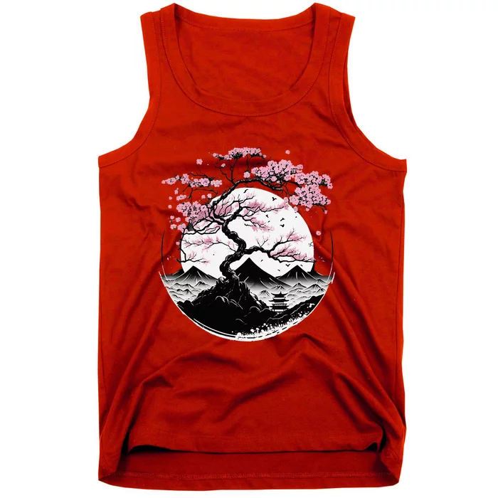 Japanese Sakura Garden Geisha Mount Fuji Cherry Blossom Tank Top