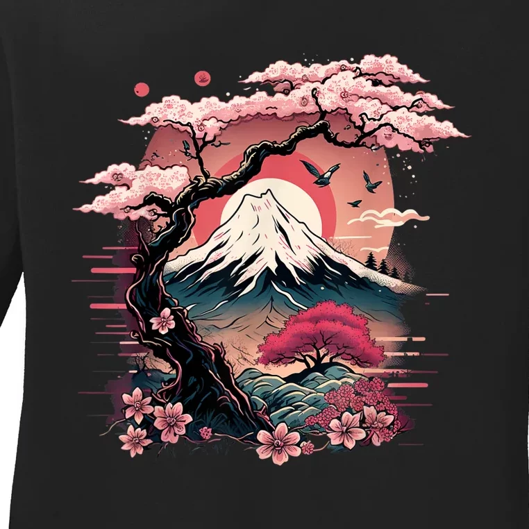 Japanese Sakura Garden Geisha Mount Fuji Cherry Blossom Ladies Long Sleeve Shirt