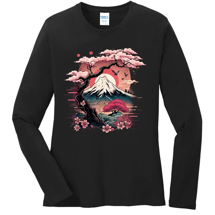 Japanese Sakura Garden Geisha Mount Fuji Cherry Blossom Ladies Long Sleeve Shirt