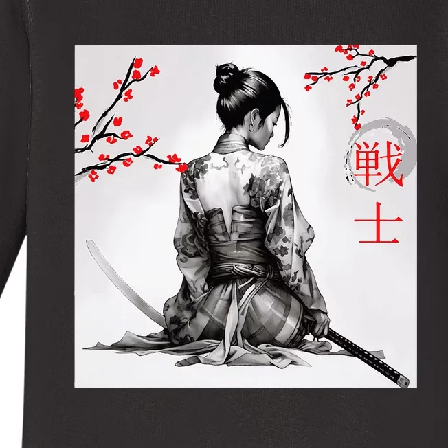 Japanese Samurai Girl Cherry Blossom Woodblock Baby Long Sleeve Bodysuit