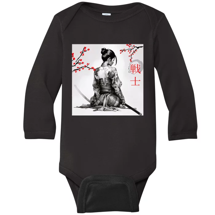 Japanese Samurai Girl Cherry Blossom Woodblock Baby Long Sleeve Bodysuit