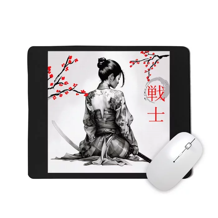 Japanese Samurai Girl Cherry Blossom Woodblock Mousepad