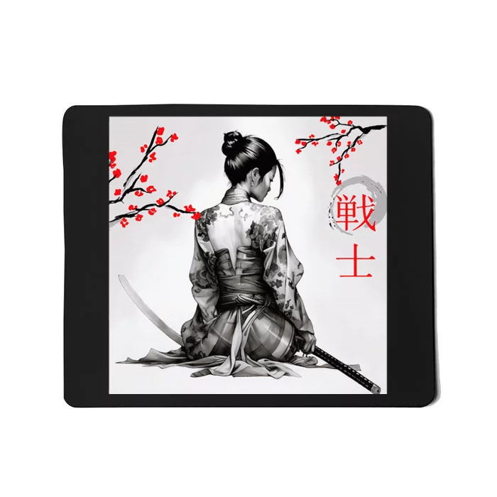 Japanese Samurai Girl Cherry Blossom Woodblock Mousepad