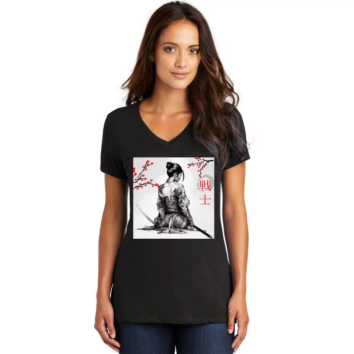 Japanese Samurai Girl Cherry Blossom Woodblock Women's V-Neck T-Shirt