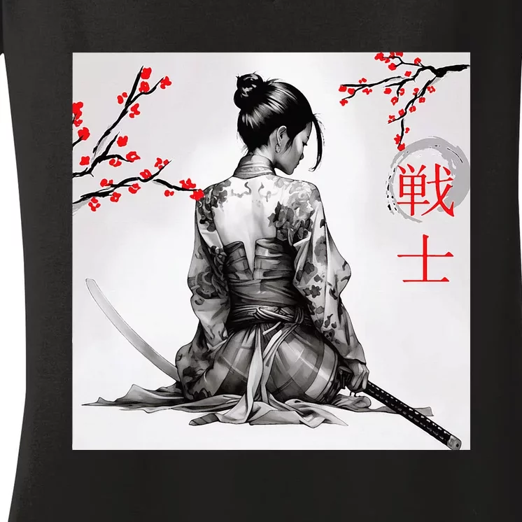 Japanese Samurai Girl Cherry Blossom Woodblock Women's V-Neck T-Shirt