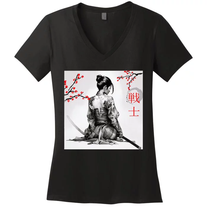 Japanese Samurai Girl Cherry Blossom Woodblock Women's V-Neck T-Shirt