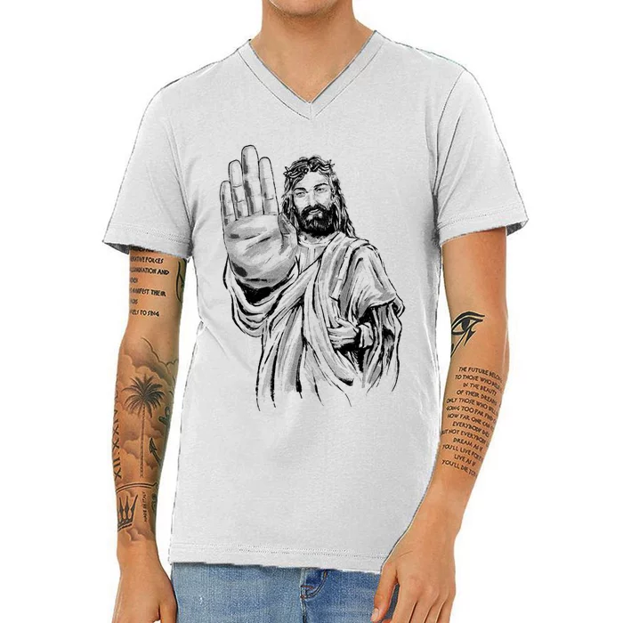 Jesus Stop Hand Sign V-Neck T-Shirt