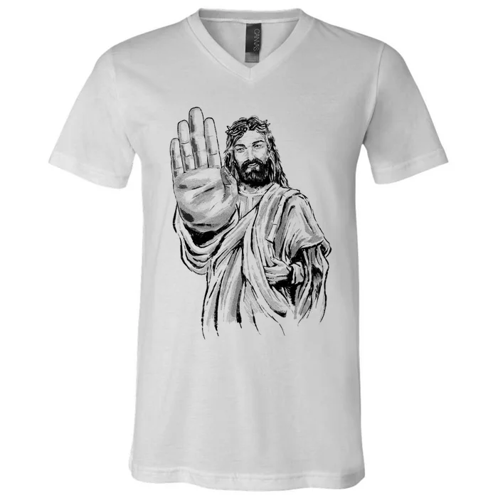 Jesus Stop Hand Sign V-Neck T-Shirt