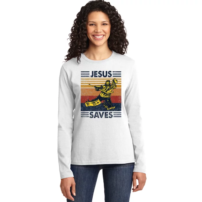 Jesus Saves Ice Hockey Goalie Sport Religious Christian Gift Ladies Long Sleeve Shirt