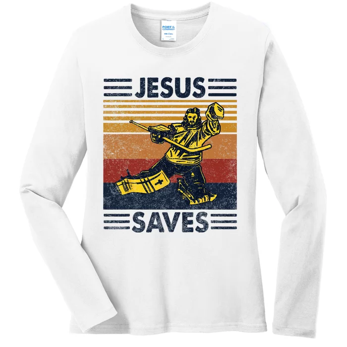 Jesus Saves Ice Hockey Goalie Sport Religious Christian Gift Ladies Long Sleeve Shirt