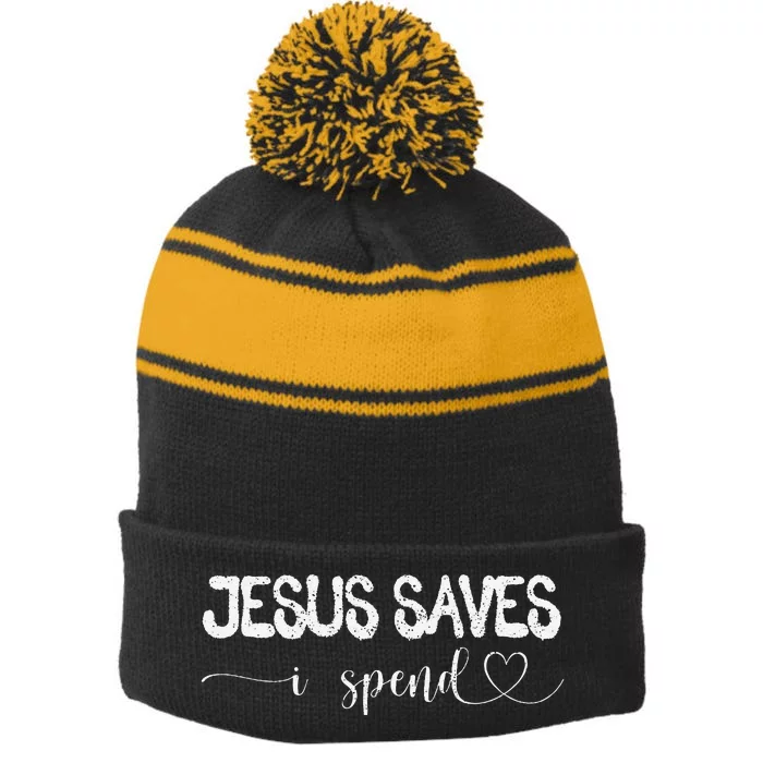 Jesus Saves I Spend Stripe Pom Pom Beanie