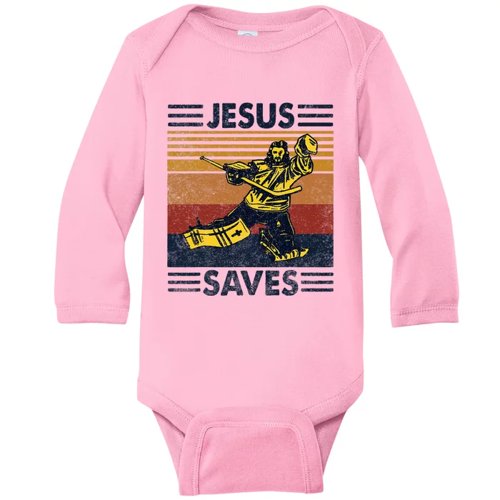 Jesus Saves Ice Hockey Goalie Sport Religious Christian Gift Baby Long Sleeve Bodysuit