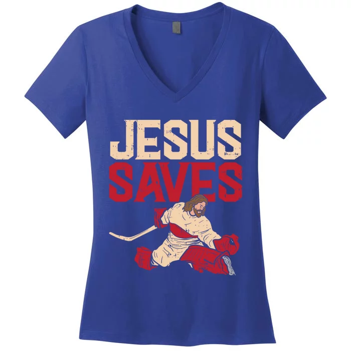 Jesus Saves Ice Hockey Goalie Sport Religious Christian Gift Great Gift Women's V-Neck T-Shirt