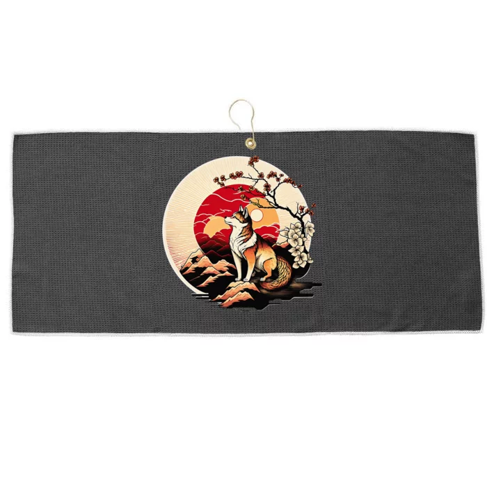 Japanese Shiba Inu Dog Sunset - Ukiyo-e Style Large Microfiber Waffle Golf Towel