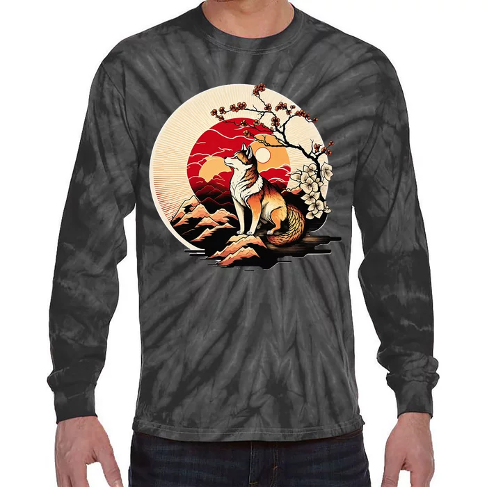 Japanese Shiba Inu Dog Sunset - Ukiyo-e Style Tie-Dye Long Sleeve Shirt