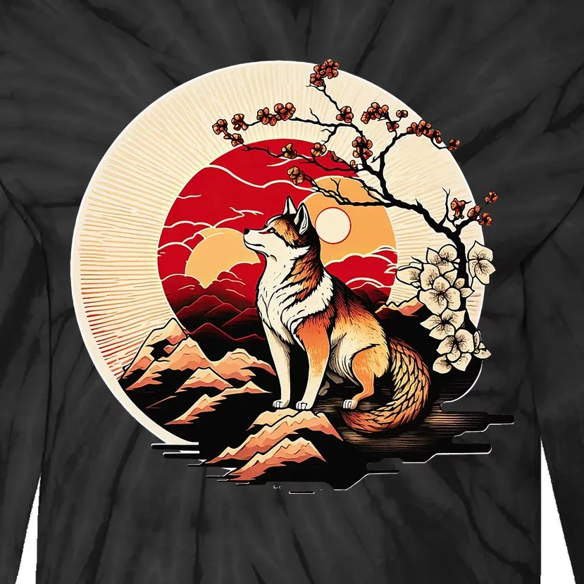 Japanese Shiba Inu Dog Sunset - Ukiyo-e Style Tie-Dye Long Sleeve Shirt