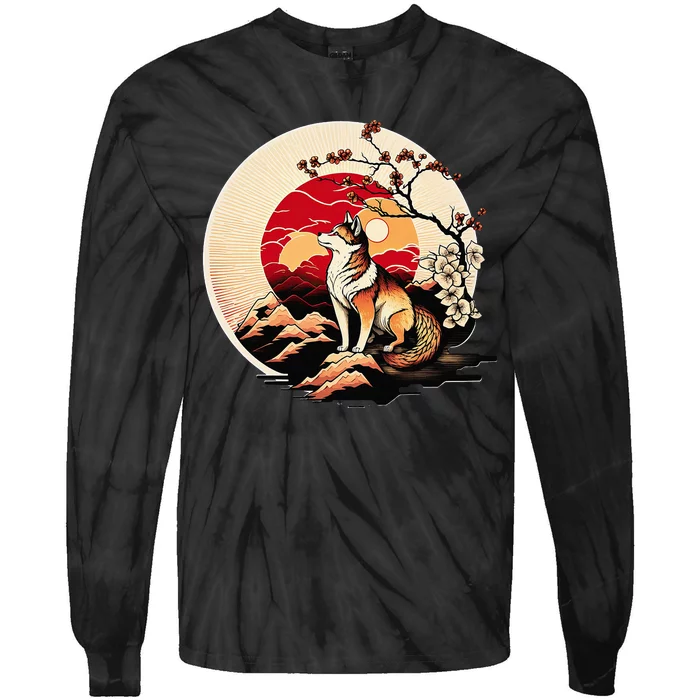 Japanese Shiba Inu Dog Sunset - Ukiyo-e Style Tie-Dye Long Sleeve Shirt