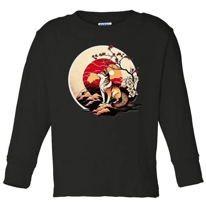 Japanese Shiba Inu Dog Sunset - Ukiyo-e Style Toddler Long Sleeve Shirt