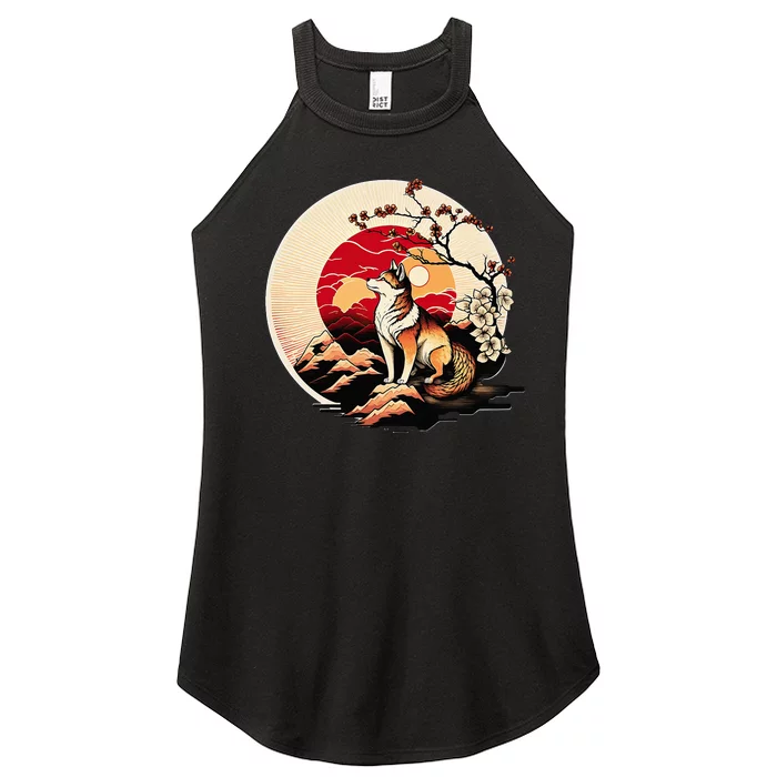 Japanese Shiba Inu Dog Sunset - Ukiyo-e Style Women’s Perfect Tri Rocker Tank