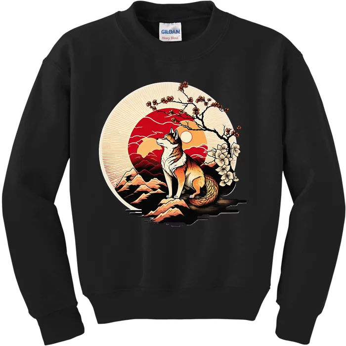 Japanese Shiba Inu Dog Sunset - Ukiyo-e Style Kids Sweatshirt